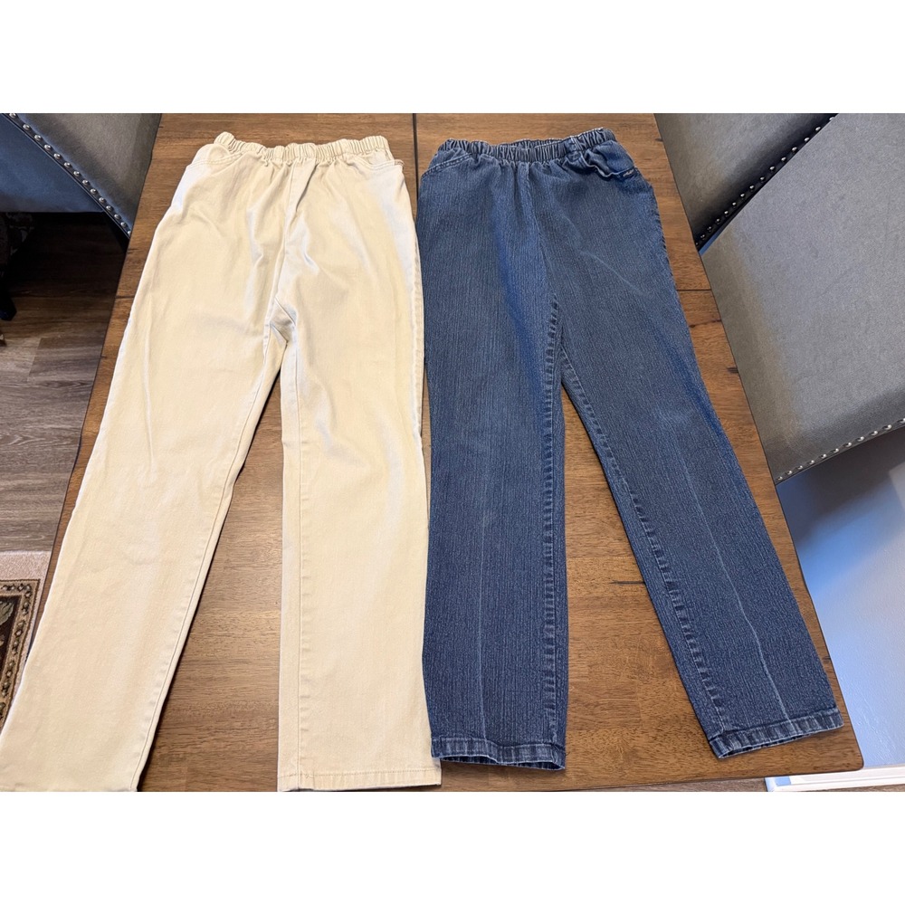 Lot of 2 Chic Vintage Pull On Pants Womens 10 Average Blue Denim Khaki Tan